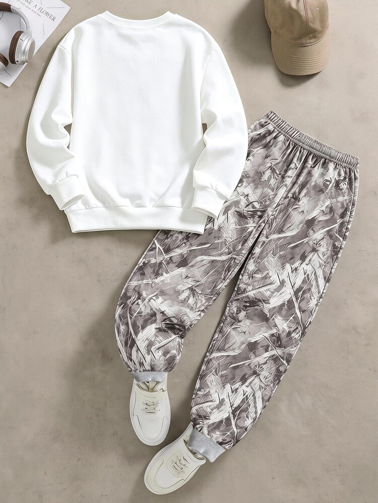 2pcs/Set Tween Boy Crew Neck Sweatshirt & Casual Sports Sweatpants Outfit, Leaf Camouflage Print Set, Long Sleeve Top Street Style, Suitable For Holiday Party, Comfortable And Easy To Wear, Spring Summer Autumn, Soft And Comfortable, Boys' First Choice For Fashion Casual Wear - Multicolor - View 2