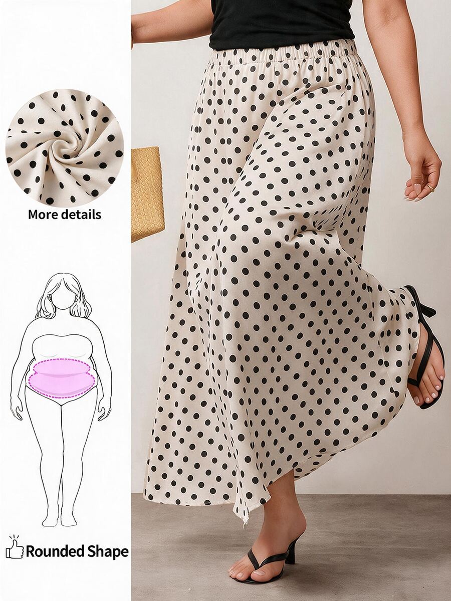 Enliva Plus Size Satin Polka Dot A Line Maxi Skirt Apple - Beige - View 1