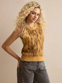 MOTF PREMIUM WOMEN'S LEOPARD PRINT KNIT VEST & SWEATER 2 PIECES SET, AUTUMN/WINTER - Camel - View 3