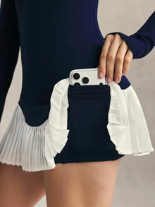 Activina Gaun Olahraga Wanita Motif Blok Warna, Patchwork, Hem Berlipit, Lengan Panjang, Setengah Resleting, Set Celana Pendek, Tenis, Golf, Pakaian Sehari-hari, Musim Gugur/Musim Dingin, Warna Navy, Putih Elegan - Dark Green - View 7