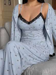 Dazy Plus 3-Piece Bow Print Fitted Camisole Cardigan & Pants Pajama Set - Blue - View 1