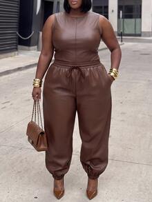 Slaydiva Plus Size Women's Solid Color PU Leather Casual Versatile Long Pants - Brown - View 8