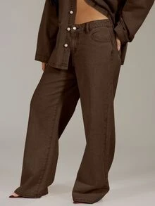 Musera Petite Washed Low Rise Baggy Denim Jeans Autumn Winter Back To School Daily Everyday - Coffee Brown - View 4