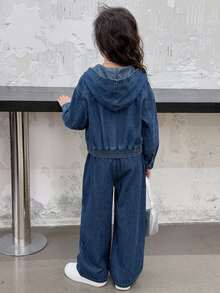 Dazy Kids Tween Girl Zip-Up Hoodie And Long Pants Casual Daily Denim Set - Dark Wash - View 4