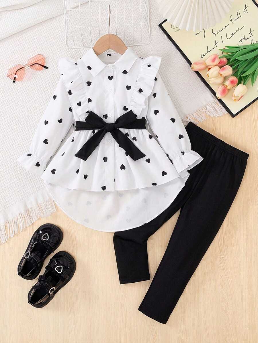 SHEIN Elladie kids 2件組女童套裝，含腰帶上衣與緊身褲，時尚設計，適合春季/秋季 - 黑與白 - 查看 1