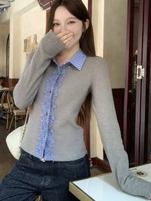 DAZY Women's Blue Grey Lapel Lace Patchwork Elegant French Commute High Tea Date Sweet Cardigan T-Shirt, Fall - Grey - View 4