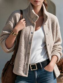 SHEIN Women's Autumn/Winter Casual Elegant Commute Streetwear Thick Fleece Shearling Loose Stand Collar Open Front Regular Jacket - Apricot - View 3