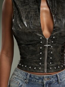 Denimoi Crocodile-Embossed PU Zip Placket Vest - Green - View 2