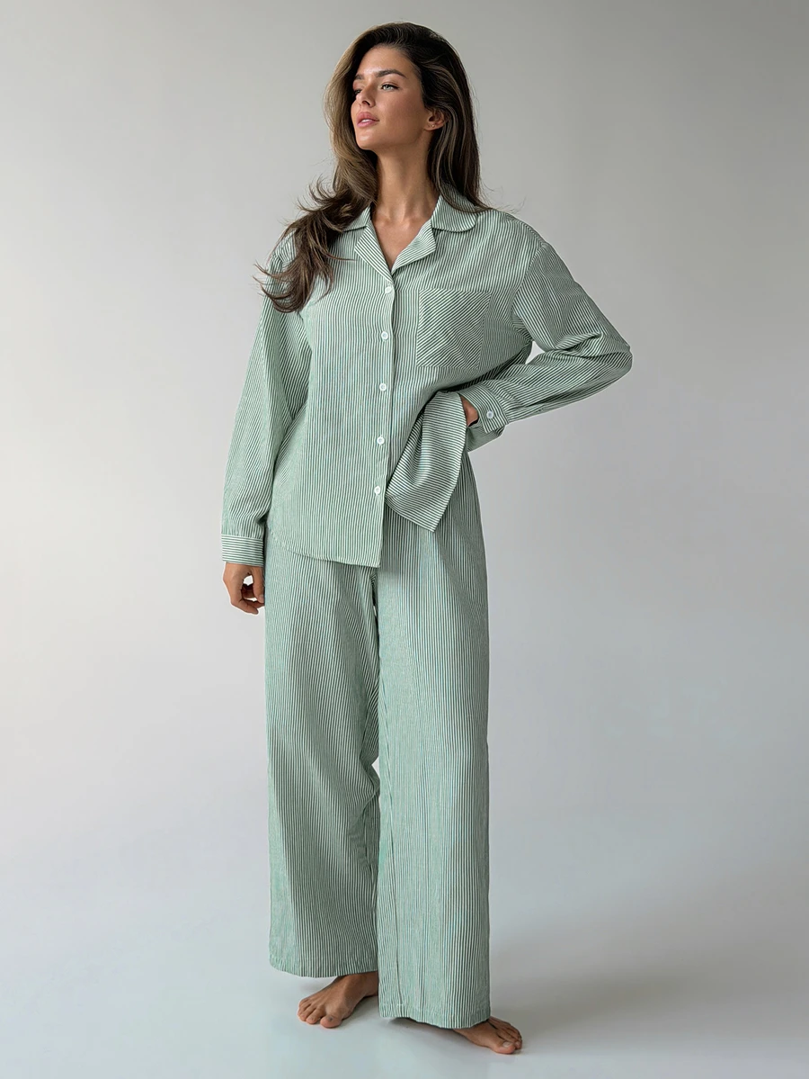 Livesso Women's Striped Pocket Button-Up Top And Pants Pajama Set - Green - View 1