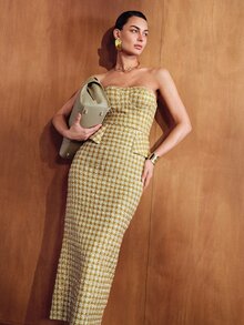 MOTF PREMIUM WOMEN'S AUTUMN/WINTER PLAID FABRIC STRUCTURAL DESIGN STRAPLESS ELEGANT LONG DRESS - Mustard Yellow - View 6