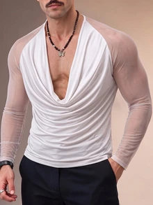 ZURIURI 男士網格拼接披肩領休閒科技感性感電音派對多功能日常穿搭T恤 白色 秋季 - 白色 - 查看 4