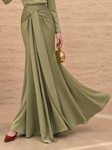 Graceveil Elegant Waist Twist Knot Wrap Tie Draped Flared Split Long Skirt - Green - View 5