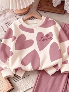 SHEIN Playful Pals 女嬰愛心印花長袖衛衣與字母印花長褲套裝 - 彩色 - 查看 3