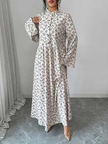 Yasmyna Gaun Pesta Kasual Berlipit Motif Cetak Seluruh Permukaan Gaya Arab untuk Wanita - Khaki - View 3