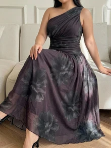 Dazy Plus Floral Print Asymmetrical Shoulder Sleeveless Elegant Fitted Party Dress - Dusty Purple - View 5