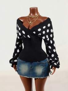 Mistrie Women's Black And White Polka Dot V-Neck Casual Elegant Daily Long Sleeve Sweater Night Out Date Night Fall - Black and White - View 2