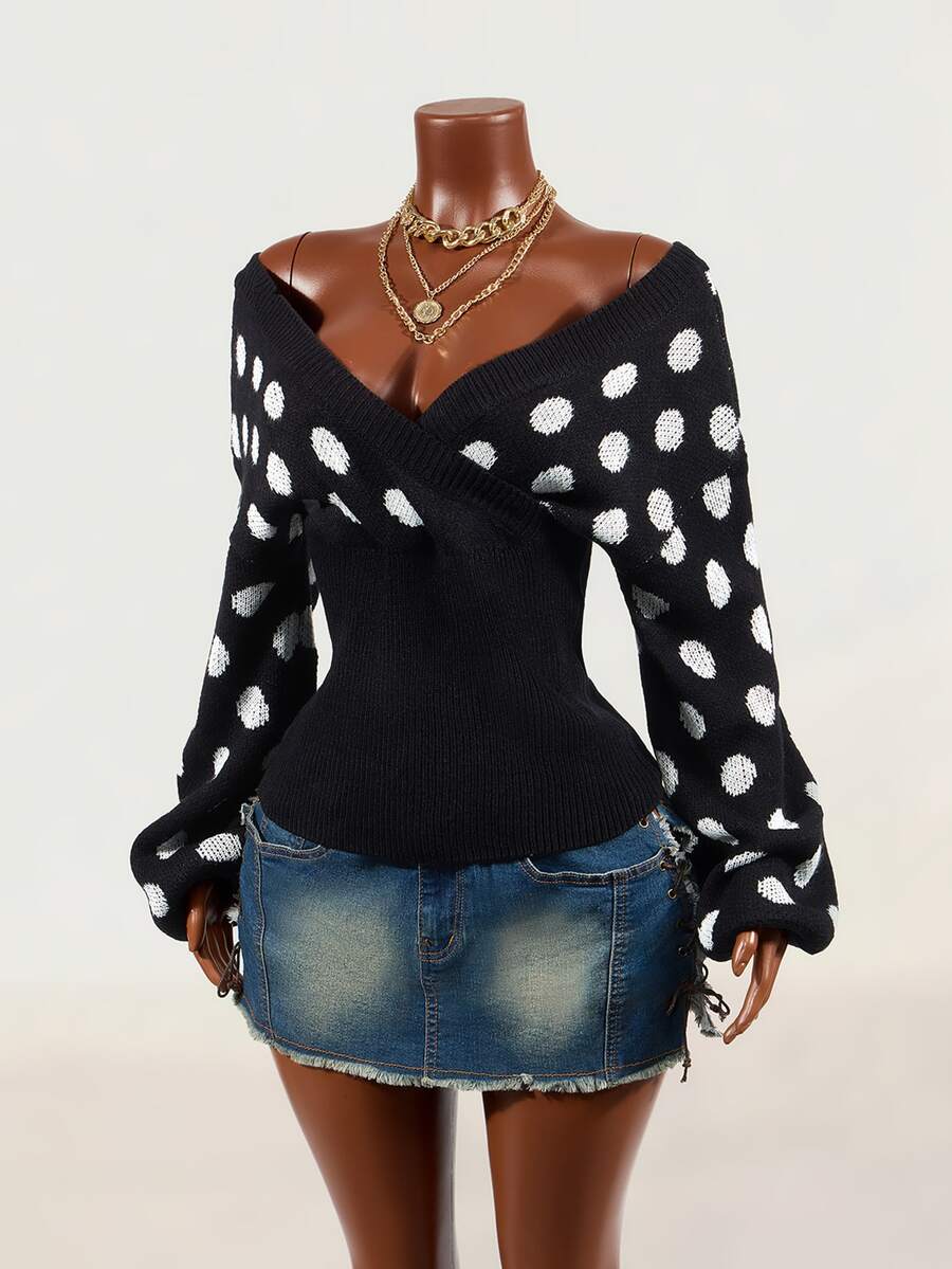 Mistrie Women's Black And White Polka Dot V-Neck Casual Elegant Daily Long Sleeve Sweater Night Out Date Night Fall