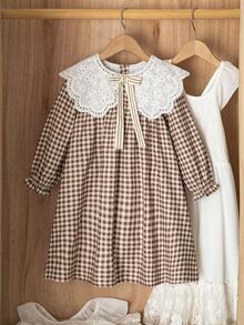 SHEIN Genkimix Kids 1件女童秋季新款清新格紋寬鬆長袖洋裝，彈性袖口、精緻領口、後開襟設計，清新時尚學院風，適合外出與通勤，百搭 - 彩色 - 查看 8