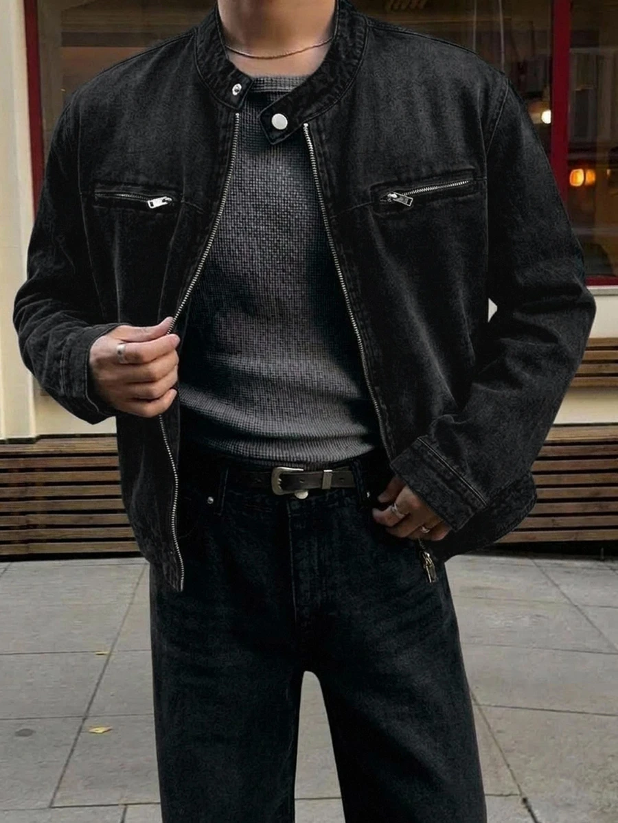 DAZY Spring/Autumn Black Washed Distressed Street Style Korean Fashion Men's Denim Jacket - Dark Grey - View 1
