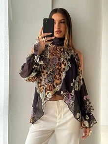 Aloruh Boho Stand Collar Tie Long Sleeve Flared Asymmetrical Hem Chiffon Printed Women's Blouse - Multicolor - View 5