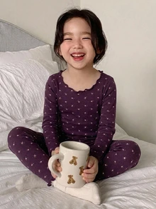 Dazy Kids Young Girl) Casual Slim Fit T-Shirt Top + Straight Leg Pants 2 Pieces Set, Autumn/Winter Loungewear - Purple - View 1