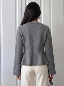 Omancia Women's Solid Color Round Neck Loose Pullover Sweater - Dark Grey - View 2