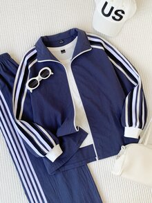 Comfortcana 女款側條紋拉鍊門襟夾克與長褲休閒兩件套 - 藏蓝色 - 查看 3