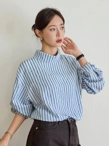 Dazy-Less Women's Striped Stand Collar Drop Shoulder Loose Casual Shirt - Blue - View 1