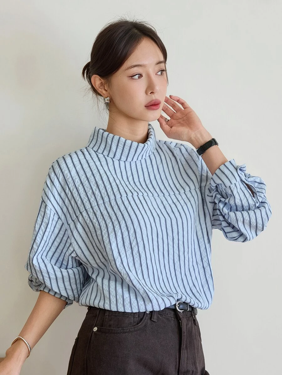Dazy-Less Women's Striped Stand Collar Drop Shoulder Loose Casual Shirt - Blue - View 1