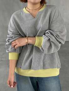 Dazy Plus Early Autumn New Korean Style Contrast Color Waffle Fabric Loose Sweatshirt - Grey - View 6