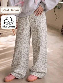 SHEIN 女童復古美式Y2K街頭風全印花卡其灰豹紋寬腿牛仔褲 大口袋寬鬆休閒直筒長褲 - 卡其色 - 查看 3