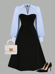 Auvina Plus Size Women Striped Solid Color Patchwork 2 In 1 Dress, Elegant Long Sleeve Lapel Dress Maxi Wom - Blue and White - View 1