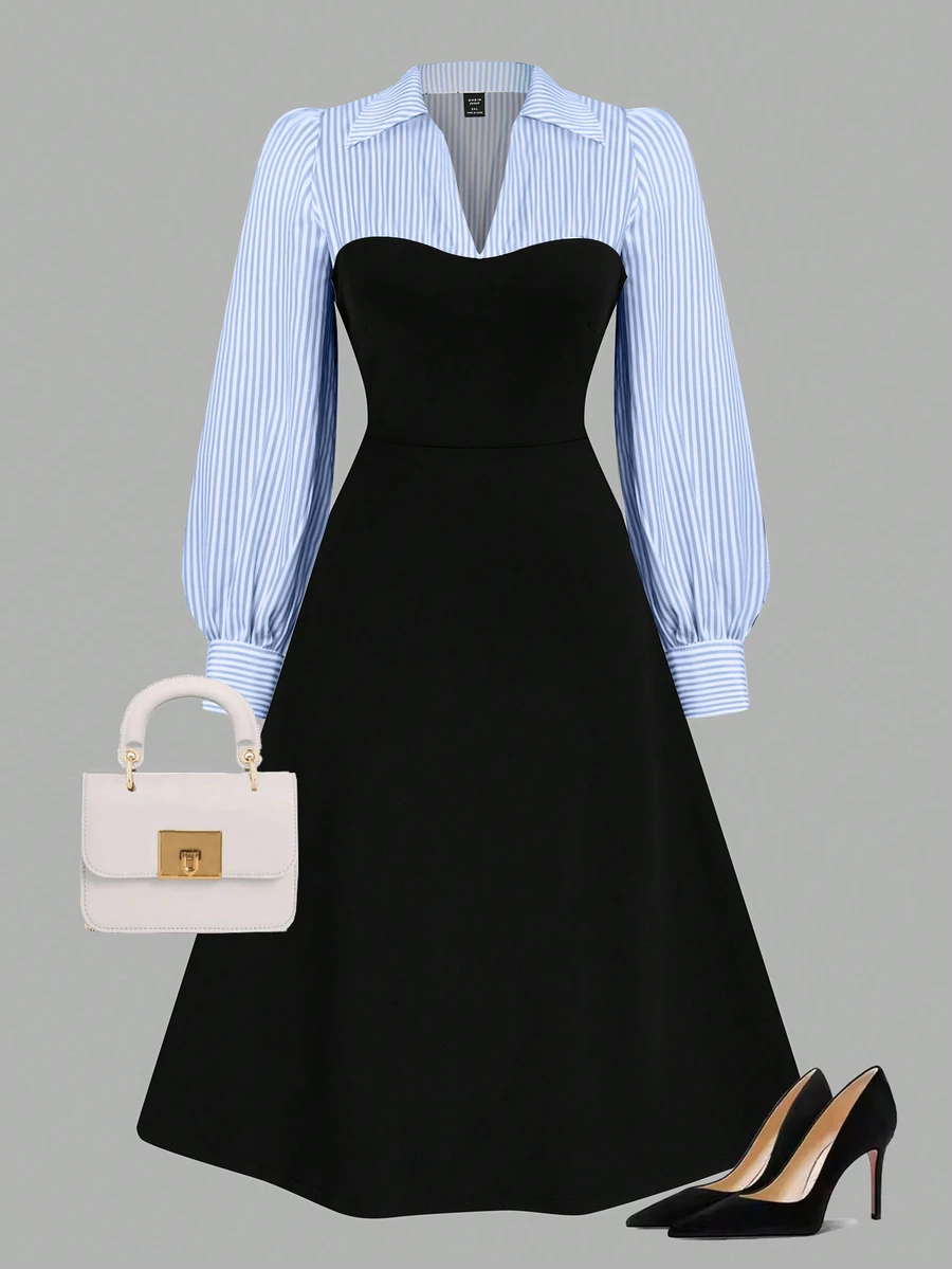 Auvina Plus Size Women Striped Solid Color Patchwork 2 In 1 Dress, Elegant Long Sleeve Lapel Dress Maxi Wom - Blue and White - View 1