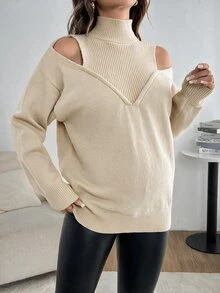 SHEIN 孕婦純色鏤空肩長袖休閒針織衫，秋冬款 - 杏色 - 查看 3