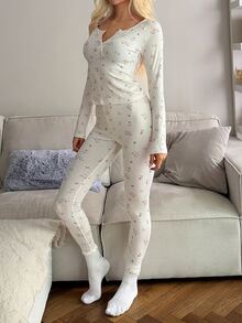 DAZY Women's All-Over Print Long Sleeve Top And Pants Casual Daily Home Pajama Set - White - View 5