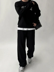 DAZY Autumn/Winter Black Fleece Sweatshirt With Patchwork Embroidery Korean Style Men's Pullover Sweatshirt Set - Black - View 5