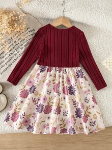 SHEIN 女童拼接花卉印花圓領長袖休閒洋裝 - 彩色 - 查看 2