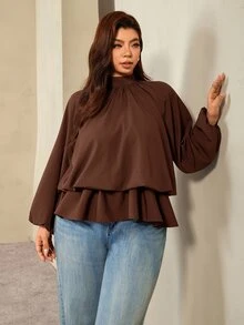 Auralis Coffee Brown Raglan Long Sleeve Plus Size Loose Waist Elastic Ruffle Hem Pullover Blouse Casual Top Elegant Office Formal Business Work Women Autumn - Brown - View 7