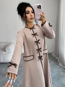 Yasmyna Women's Bow Decor Long Sleeve Elegant Arabian Dress - Khaki - View 5
