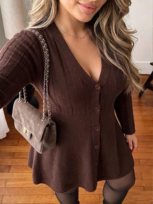 Vionelle Plus Size Women Solid Color Casual Daily Knit Dress - Coffee Brown - View 3