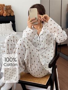 Napfluff Heart Print Lapel Long Sleeve Long Pants Pajama Set - Beige - View 1