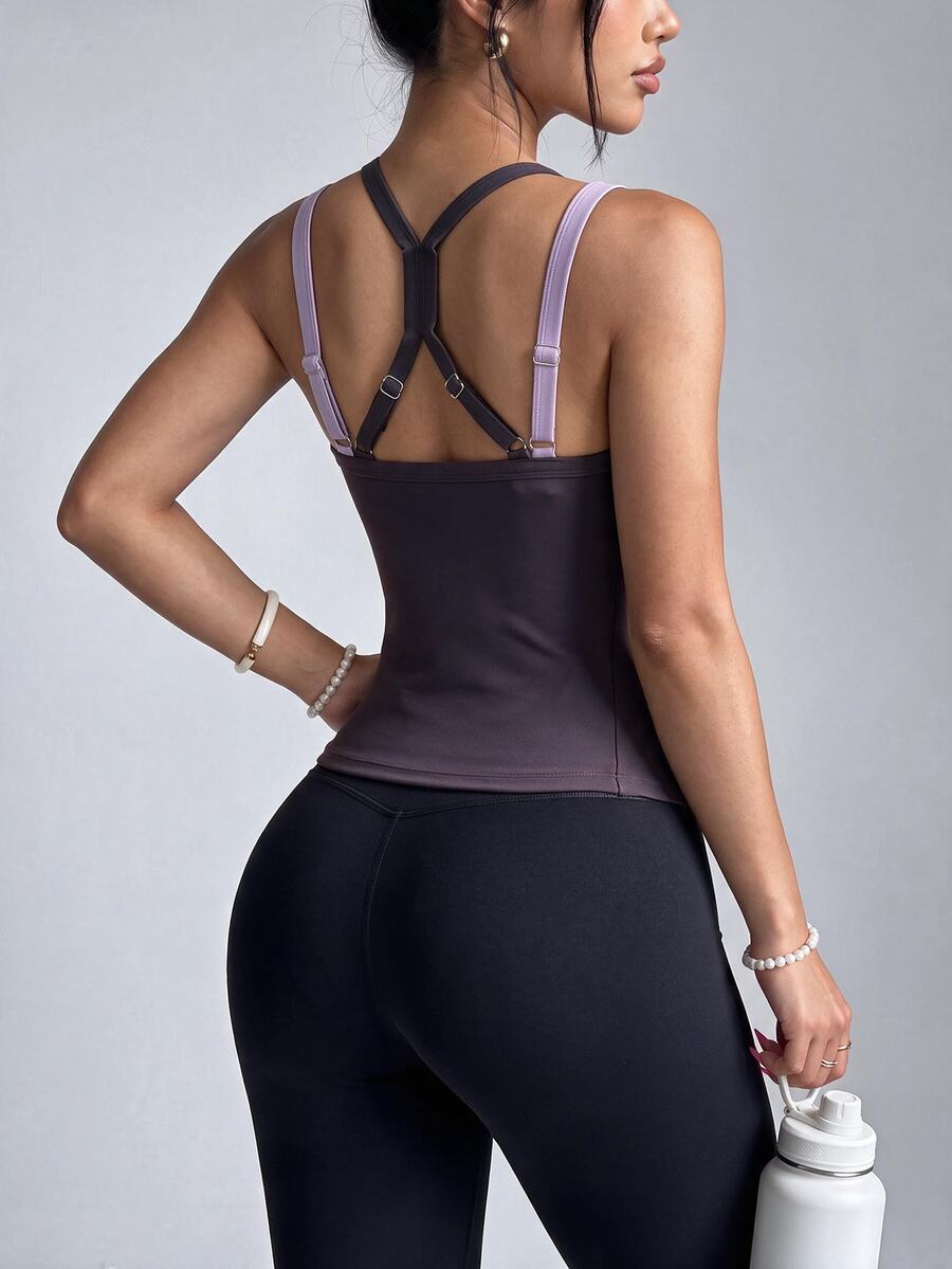 Eassivo Eassivo Women's Contrast Color Strap 2 In 1 Backless Sports Tank Top 2 Pieces Set For Workout, Fitness, Running - Purple - View 1