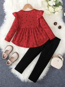 Elladie kids 2件組女童愛心印花荷葉邊長袖T恤與內搭褲，春/秋季 - 紅色 - 查看 2