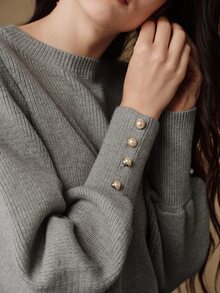 Anewsta Elegant Commuter Gray Vertical Ribbed Knit Sweater For Women, Round Neck Slim Fit Lantern Sleeve Pearl Button Wavy Hem Long Sleeve Pullover Top - Grey - View 1