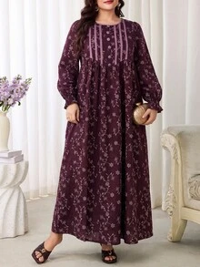 Al Najma Plus Size Women's Floral Pattern Button Design Pocket Arabian Dress - Burgundy - View 7