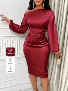 SOLERSUN Asymmetric Neckline Ruched Side Satin Burgundy Bodycon Maxi Dress Women Outfit Fall Party Elegant, Christmas Women's Clothing - Burgundy - View 4