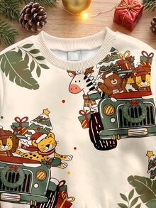 Infant Round Neck Long Sleeve Long Pants Casual Comfortable Set, Classic Christmas Pattern Print, Classic Cute Tiger Pattern Print, Christmas Tree Sloth Pattern Print, Classic Christmas Crocodile Pattern Print, Classic Animal Santa Claus Pattern Print, Classic Christmas Gift Pattern Print, Suitable For Christmas, Suitable For Autumn/Winter - Multicolor - View 5