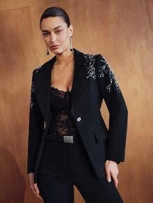 MOTF PREMIUM WOMEN'S AUTUMN/WINTER ELEGANT BEADED & EMBROIDERED BLAZER - Black - View 4