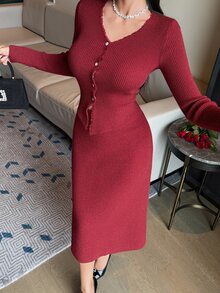 DAZY 女款休閒紅色毛衣套裝，毛邊設計，2件組，冬季 - 酒紅色 - 查看 5