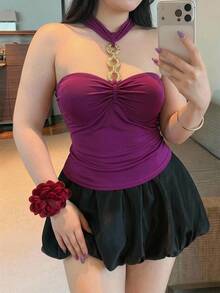 Dazy Plus Strapless Sleeveless Metal Ring Chain Decor Purple Fitted Bandeau Tank Top - Purple - View 5